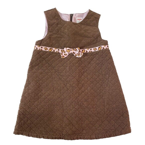 Gymboree 4T Girls Quilted Lined Dress Jumper Brown Pink Leopard Print Bow Zip - Picture 2 of 7